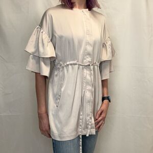 Caren Forbes Women's Satin Tunic Blouse Top Ruffle Sleeves L LG Large Champagne